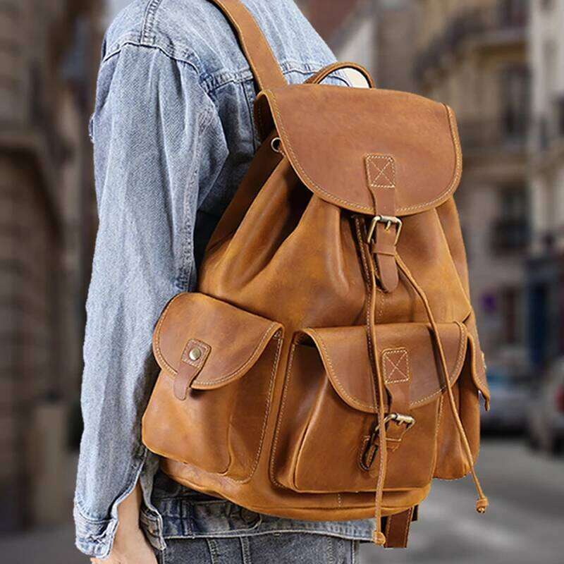 Men's Vintage Crazy Horse Backpack - Premium Top Grain Genuine Leather Casual Shoulder Bag, Large Capacity Retro Rucksac
