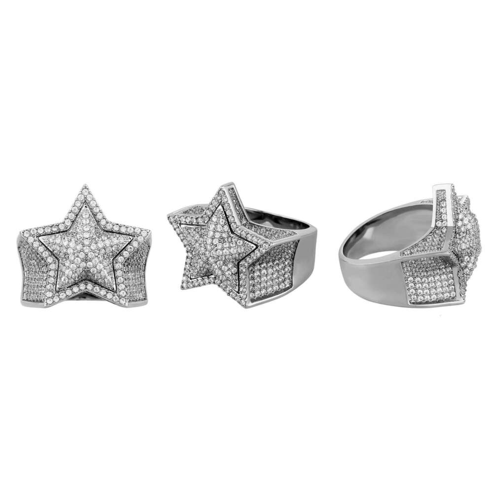 Non-Fading Niche Full Diamond Pentagram Color-Retaining Men's Hip-Hop Ring Simple Trendy Accessory