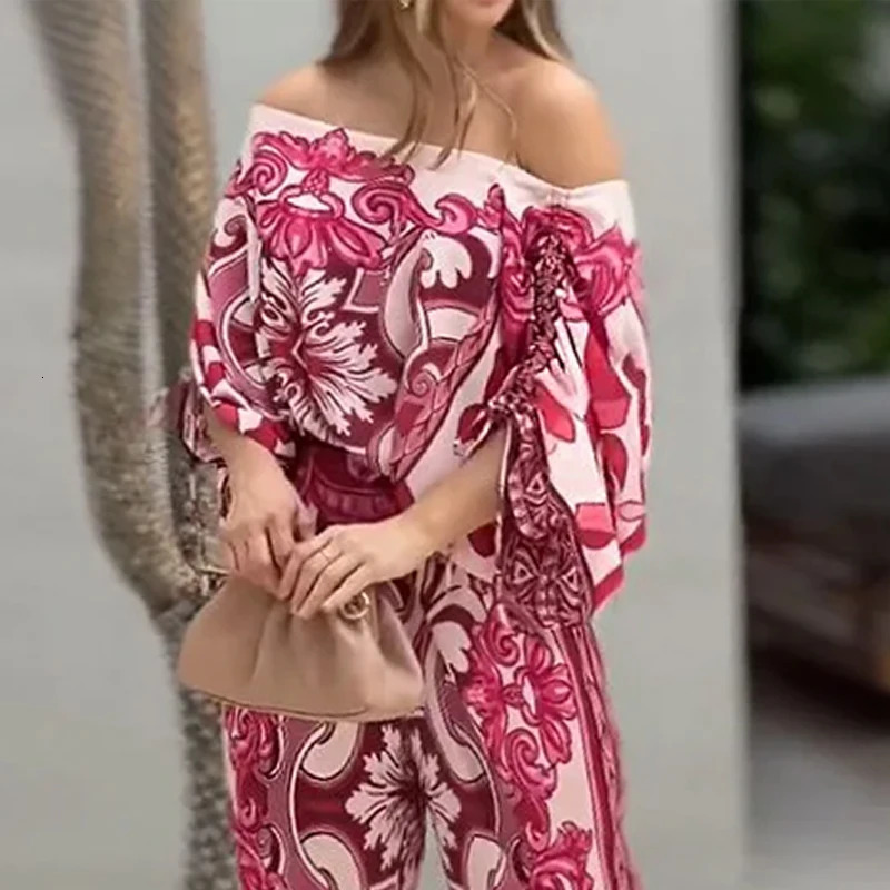 Wefads Women Two Piece Set Casual Fashion Printed One Shoulder Drawstring Shirring Ioose Top With Pocket Wide Leg Pants Set 250617