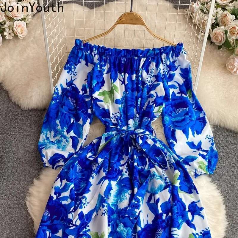 2025 Vestidos De Mujer Elegant Dresses for Women Slim Waist Slash Neck Floral A-line Robe Femme Off Shoulder Summer Chic Dress
