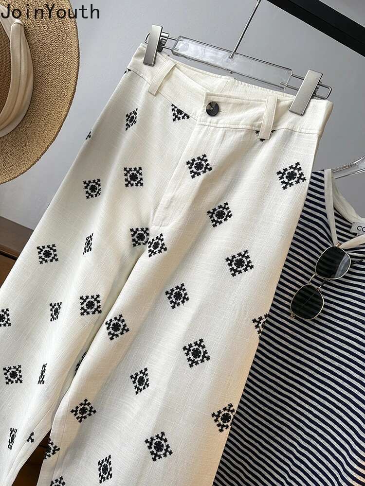Summer Print Wide Leg Pants for Women New Bottoms Vintage Embroidery Straight Trousers Casual Fashion High Waist Pantalon Femme