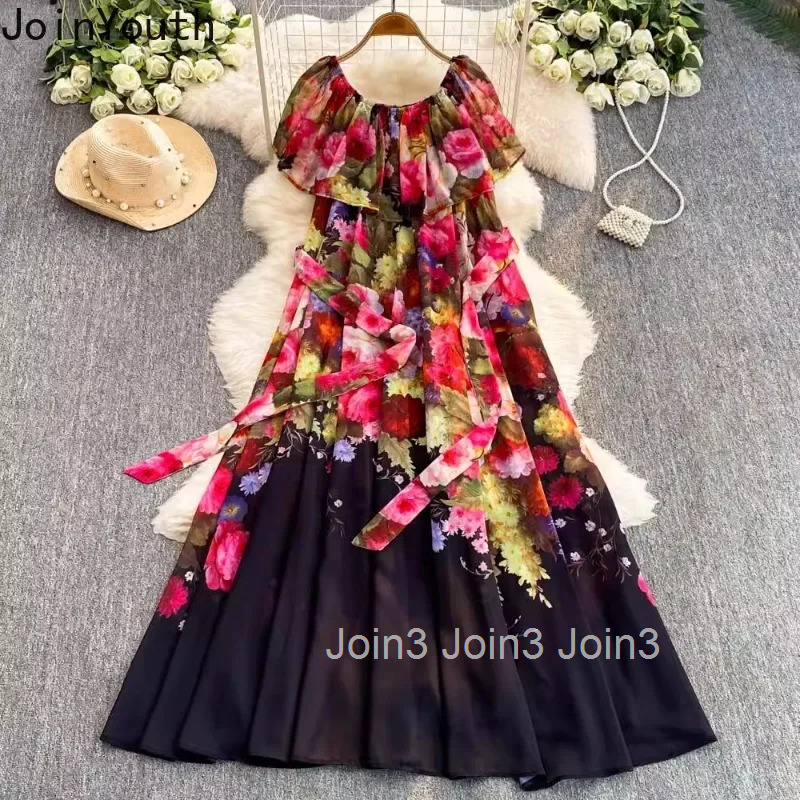 Summer Woman Dress Slash Neck Off Shoulder Chiffon Robe Femme High Waist Bandage Big Swing Floral Maxi Dress Vestidos De Mujer