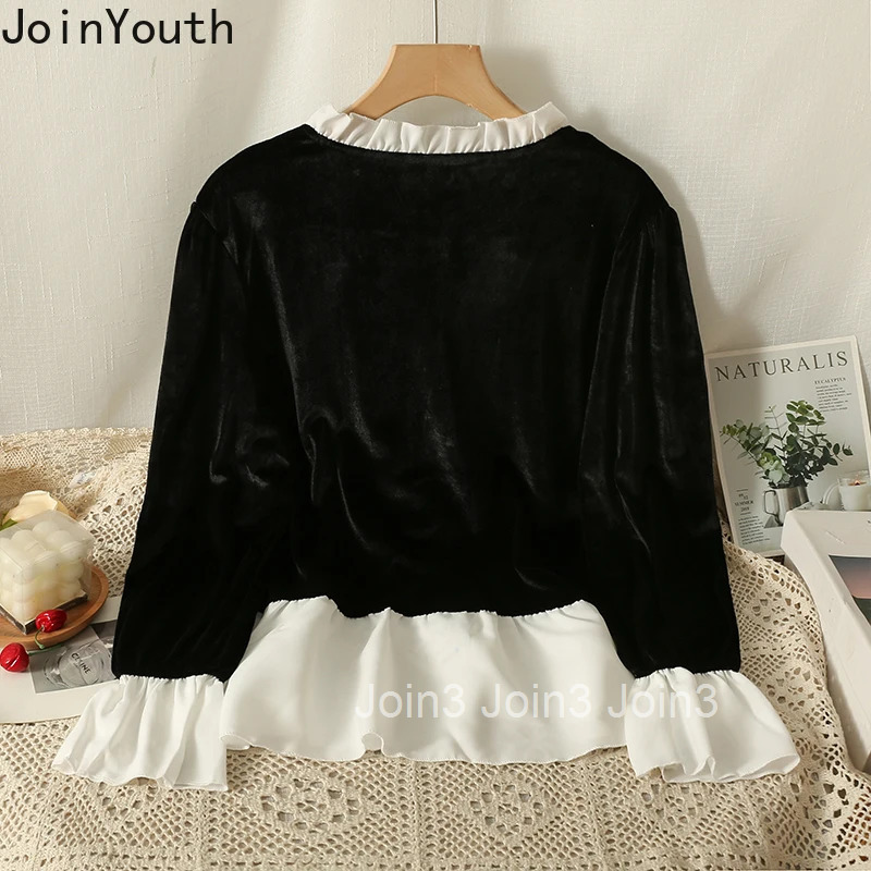 Vintage Blouse Women Black Velvet Patchwork Ruffles Shirts 2025 Blusas Mujer De Moda Crop Tops Tunic Long Sleeve Fashion Blouses