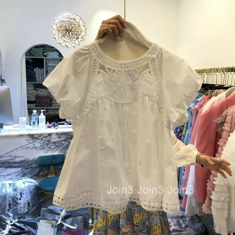 Korean Blouse Women Clothing 2025 Blusas Mujer De Moda O-neck Hollow Out Loose Shirts Vintage Sweet Summer Blouses Tops 7k322