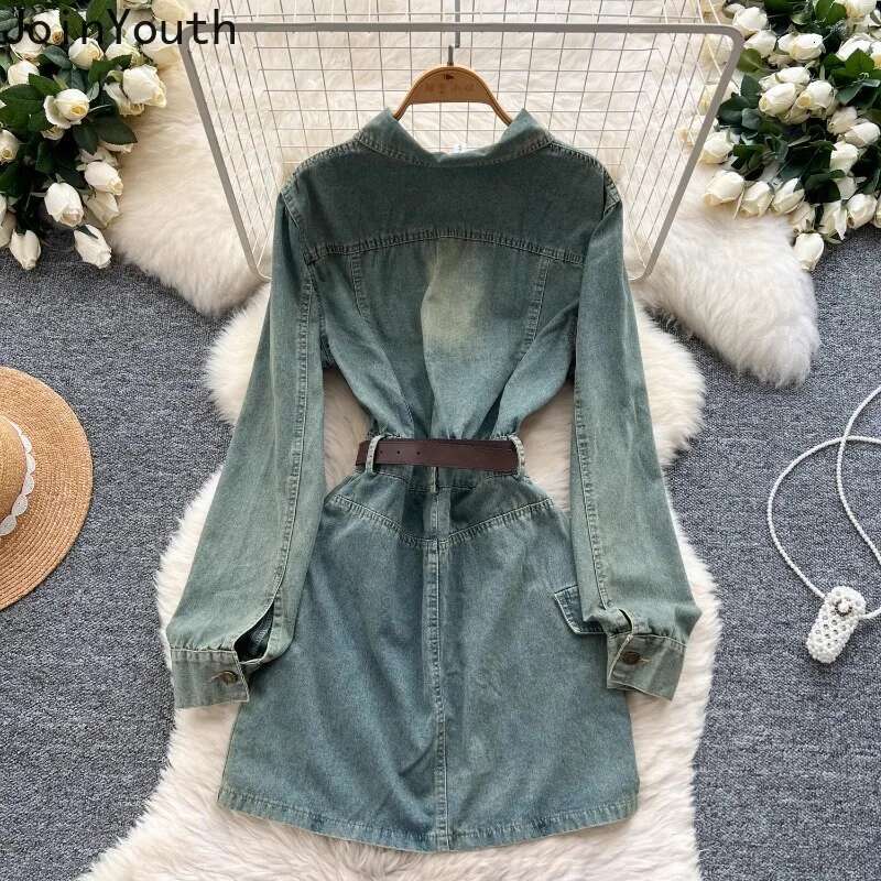 Denim Dresses Women Clothing Slim Waist Long Sleeve Casual Robe Femme 2025 Vestidos De Mujer Fashion Korean Bodycon Y2k Dress