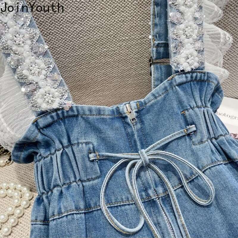 Fashion Denim Shorts Women Clothing Summer Overalls Heavy Beading Ruffles Pantalones Cortos De Mujer Korean Y2k Wide Leg Pants