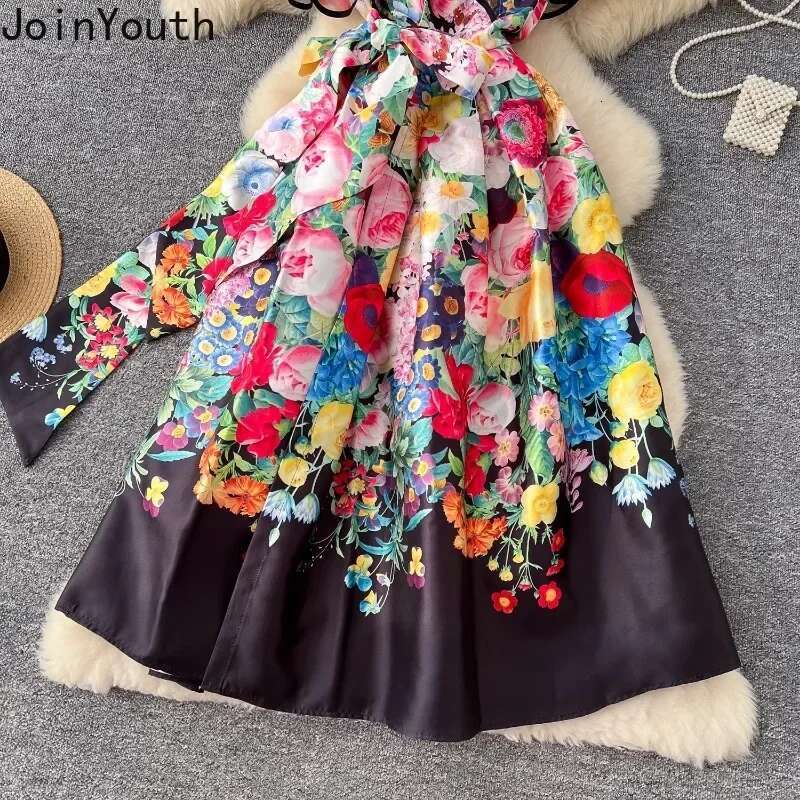 Elegant Woman Dress V-neck Bandage Tunic Robe Femme Women Clothing 2025 Vestidos De Mujer Floral Big Swing Gauze Summer Dresses