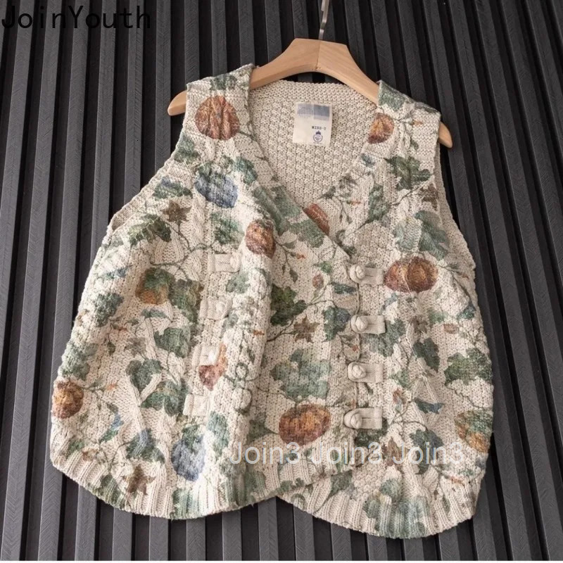 Vintage Sweater Vest for Womens Floral Tops Loose Sleeveless Waistcoat Knitted Tanks 2025 Korean Jackets Chalecos Para Mujer