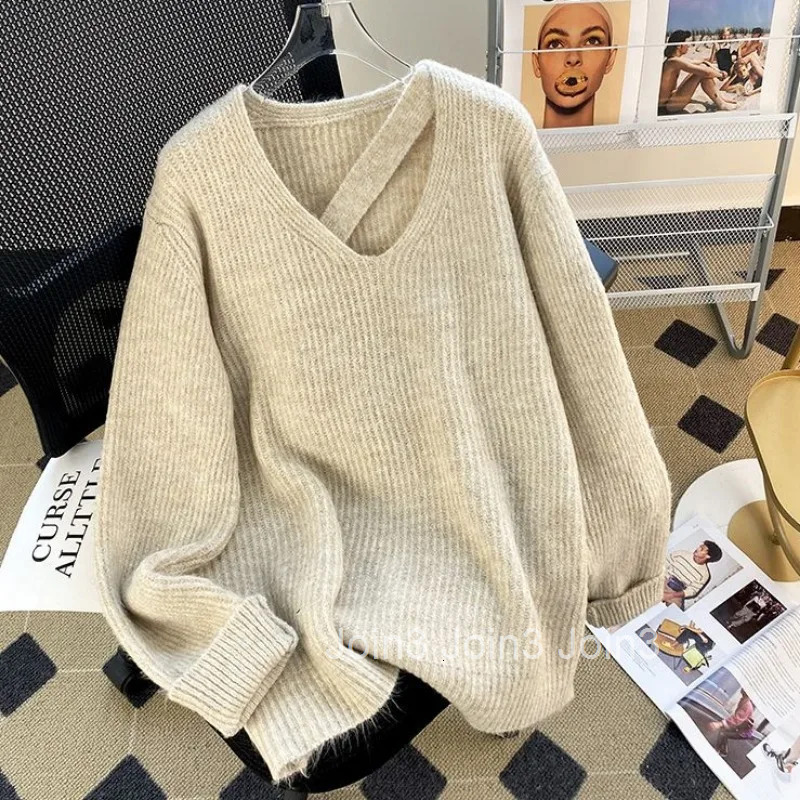 Oversized Pullovers Women Fall Winter Clothing Thicked Jumper V-neck Casual Fashion Knitted Sweater Y2k Tops Korean Sueter Mujer