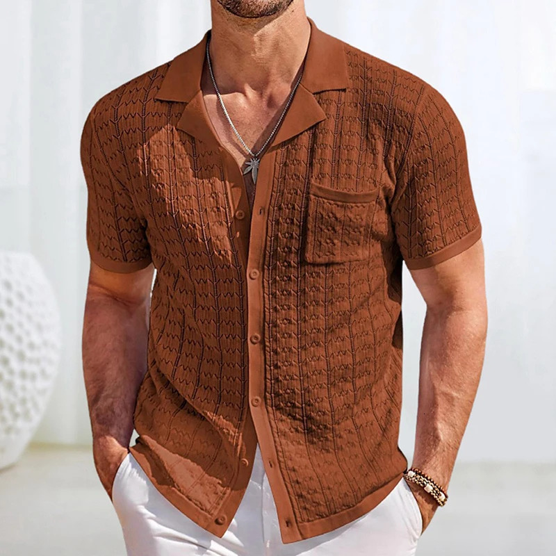 Fashion Men Polo Shirt Light Business Leisure Knitted Cardigan Buttoned Retro Tops Solid Color Short Sleeve Knitwear 250619
