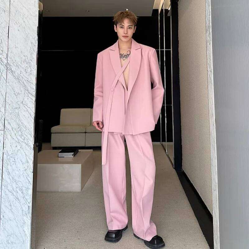 IEFB Niche Design Men's Two-Piece Solid Color Double Layers Collar Lace-Up Blazer Casual Straight Leg Male Suit Pants Chic 9W679