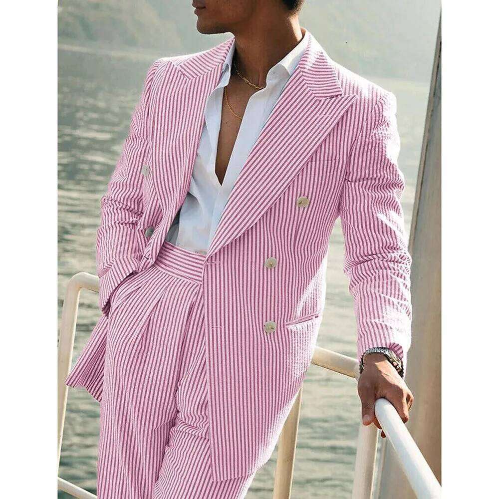 Light Pink Vertical Stripes Suits Men Two-Piece Set Summer Comfortable Linen Cotton Fabric Mens Suit For Casual Beach Party