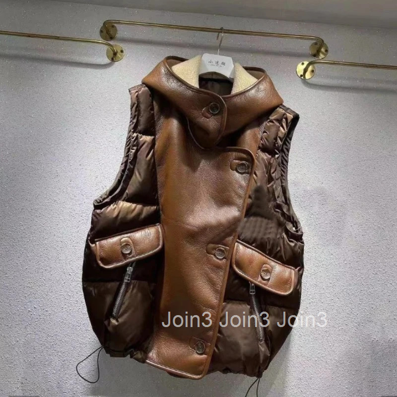 Vest Women Streetwear Fashion Sleeveless Cardigan Womens Lamb Wool Patchwork Leather Waistcoat Y2k Tops Chalecos Para Mujer