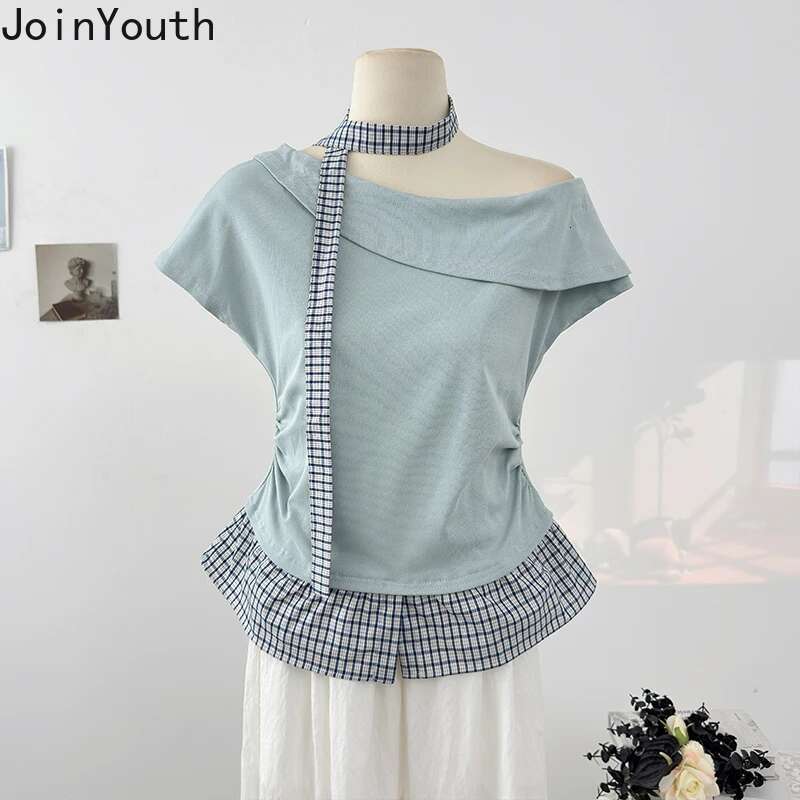 Summer Woman Tshirts Patchwork Plaid Camisetas Fake Two Korean Tees 2025 Ropa Mujer Off Shoulder Slim Fit Irregular T-shirt Tops