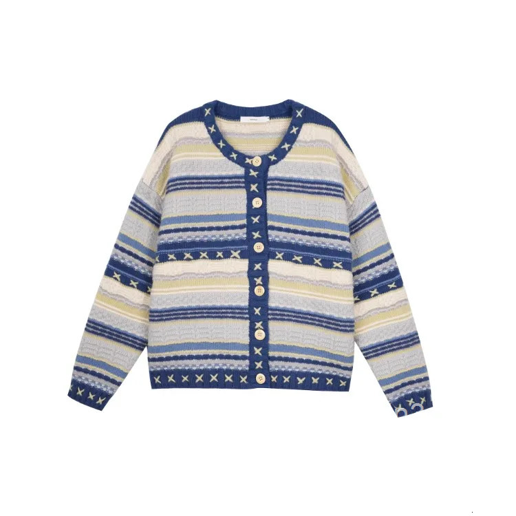 Knitwear Women Cardigan Jackets Pull Femme O-neck Vintage Fashion Striped Knitted Sweater Tops Casual Korean Sueter Mujer 63a526