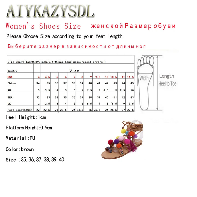 AIYKAZYSDL Ethnic Bohemia Summer Woman Pompon Sandals Gladiator Roman Strappy Knee High Boots Embroidered Tassel Shoes Flats 250617