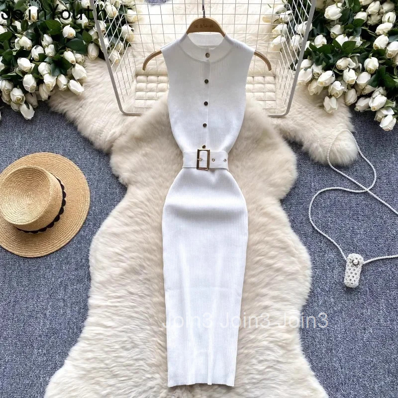 Knitted Woman Dress 2025 Vestidos De Mujer Sleeveless Half High Collar Tunic Temperament Robe Femme Sexy Bodycon Dresses 7p556