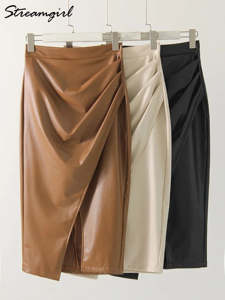 Women Midi Leather Skirt Sexy Split High Waist Zipper PU Front Slit Skirts Ladies Black Faux Leather Folded Skirt For Women 250619