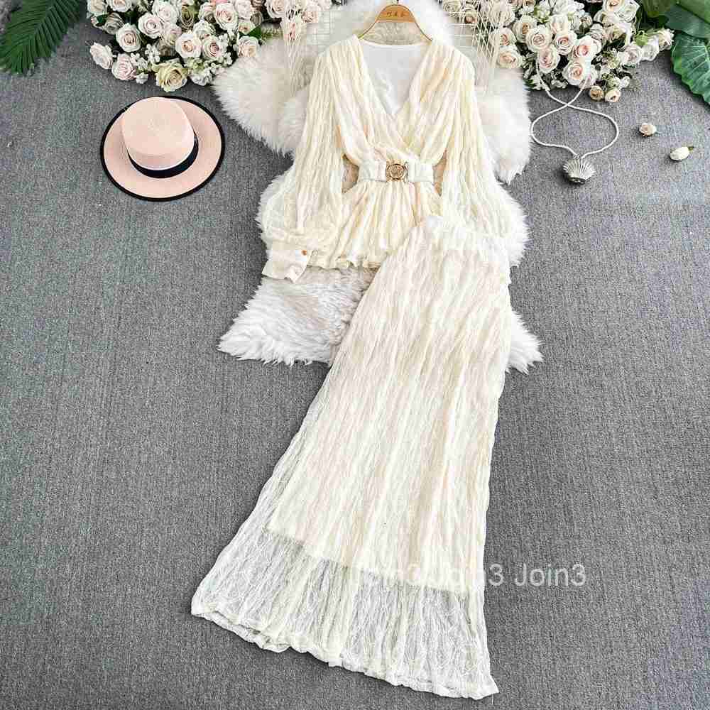 Women Clothing Skirt Outfits 2 Piece Sets V-neck Lantern Sleeve Slim Waist Tops High Waist Slim Fit Suit Fashion Temperament Set