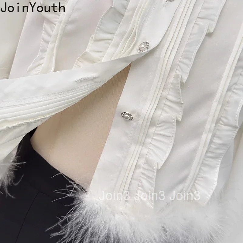 White Crop Tops Blouses for Women Diamond O-neck Long Sleeve Shirts 2025 Blusas Mujer De Moda Tunic Ruffles Temperament Blouse