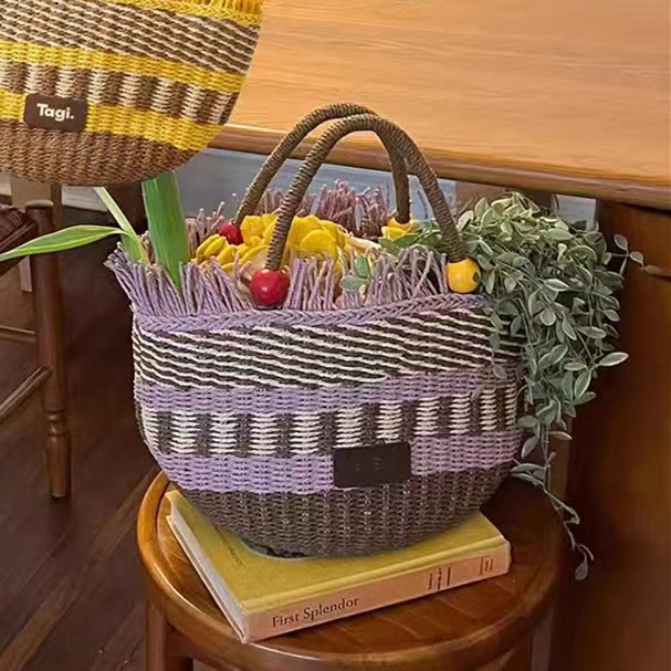New Straw Designer Shoulder Bag Women's Free Shipping Picnic Basket Tassel Wood Bead Decoration Cute Handbag Bucket Bag Gift