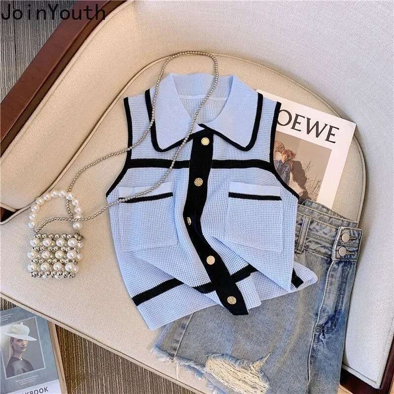 Vintage Sweater Knitted Vest Womens Clothing Temperament Sleeveless Summer Waistcoat Cropped Tops Casual Fashion Tunic Tanks