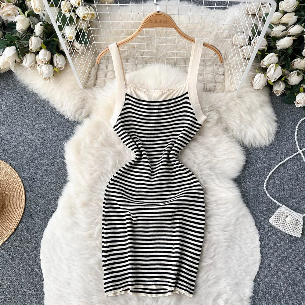 Summer Knit Beach Dress Ladies Spaghetti Strap Backless Slim Elastic Sundress Fashion Korean Striped Short Mini Sexy 250616