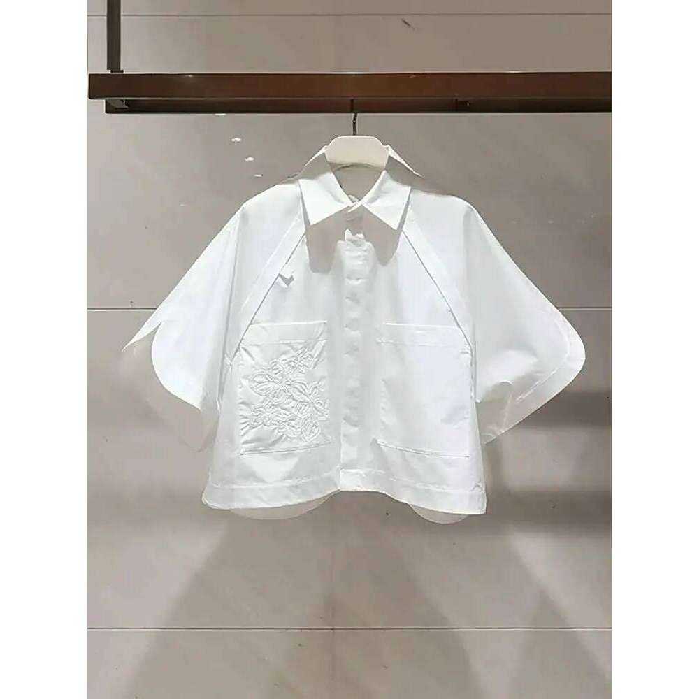 2025 Summer Blouses Half Embroidered Short Top Flip Collar Loose Bat Sleeve White Shirt For Women