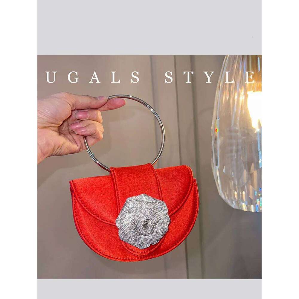 Designer Bag Veet Half Round Handbags Women Elegant Boutique Metal Ring Handle Rhinestone Satin Evening Clutch Purses Wedding