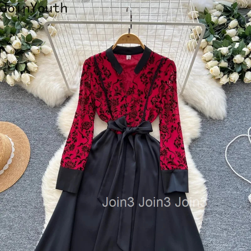 Temperament Robe Femme Maxi Dresses Chic Women Clothing 2025 Vestidos De Mujer V-neck Flocking Floral High Waist Bandage Dress