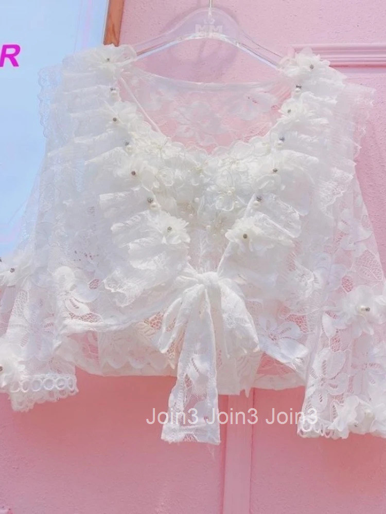 Heavy Lace Blouse Women Clothing Beading Bandage See Through Shirts 2025 Blusas Mujer De Moda Ruffles Sweet Summer Vlouses Top