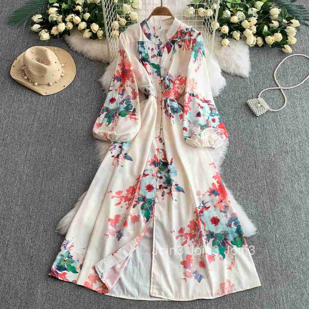Vintage Single Breasted Womens Dress V-neck Lantern Sleeve Slim Waist Robe Femme Floral Summer Dresses 2025 Vestidos De Mujer