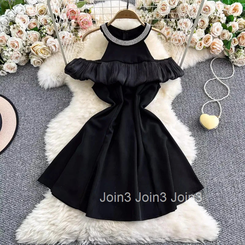 Temperament A-line Robe Femme Summer Dress for Women 2025 Vestidos De Mujer Off Shoulder Diamond O-neck Sleeveless Sexy Dresses