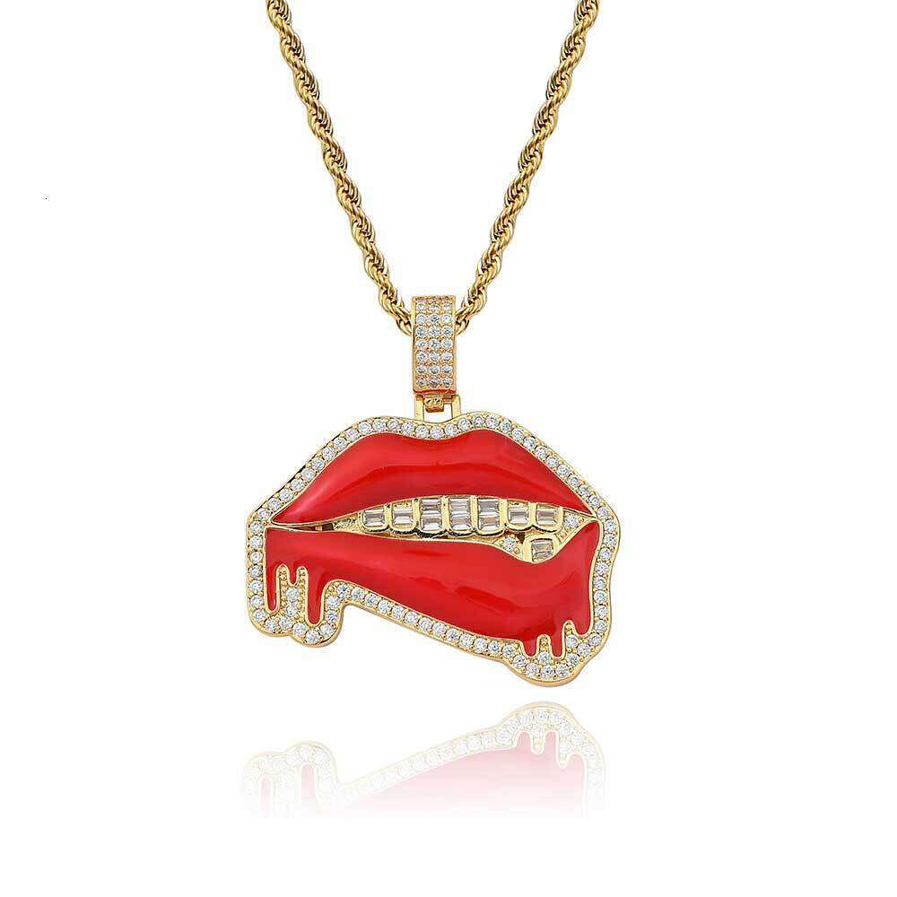 Hip Hop Jewelry Oil Drip Red Lips Copper Inlaid Zircon Trendy Brand Personality Men's Pendant Necklace 5652