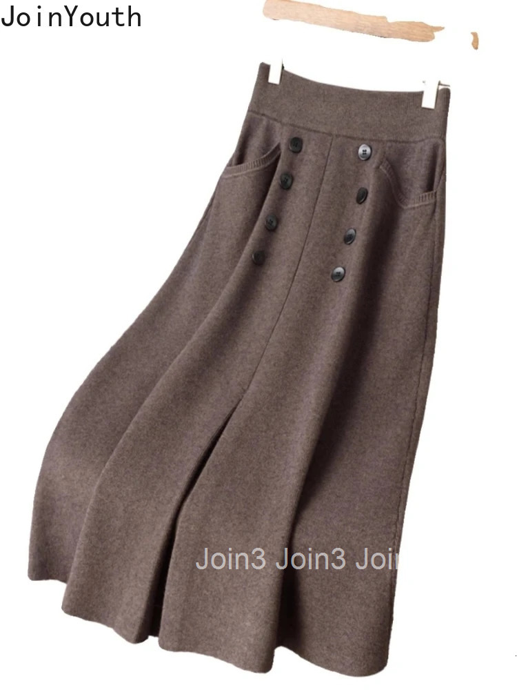 Vintage Women Skirt High Waist A-line Jupe Double-breasted Pockets Big Swing Saia Chic Knitted Skirts 2025 Faldas Mujer De Moda