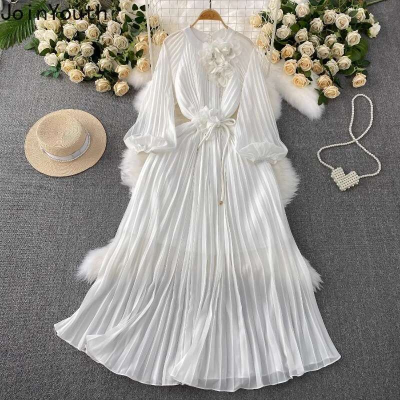 Elegant Summer Dress Lantern Sleeve O-neck Beading 3D Floral Robe Femme 2025 Vestidos De Mujer Solid Color Pleated Maxi Dresses