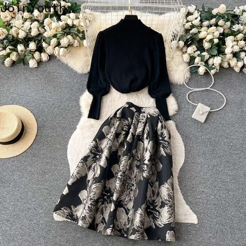 2 Piece Skirt Set Womens Clothing Half High Collar Knitted Pullovers High Waist Big Swing Skirts Outfits Vintage Korean Suit