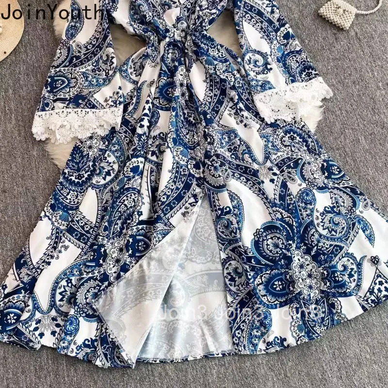 Temperament Floral Robe Femme Vintage Maxi Dresses for Women 2025 Vestidos De Mujer V-neck Flare Sleeve A-line Slim Waist Dress