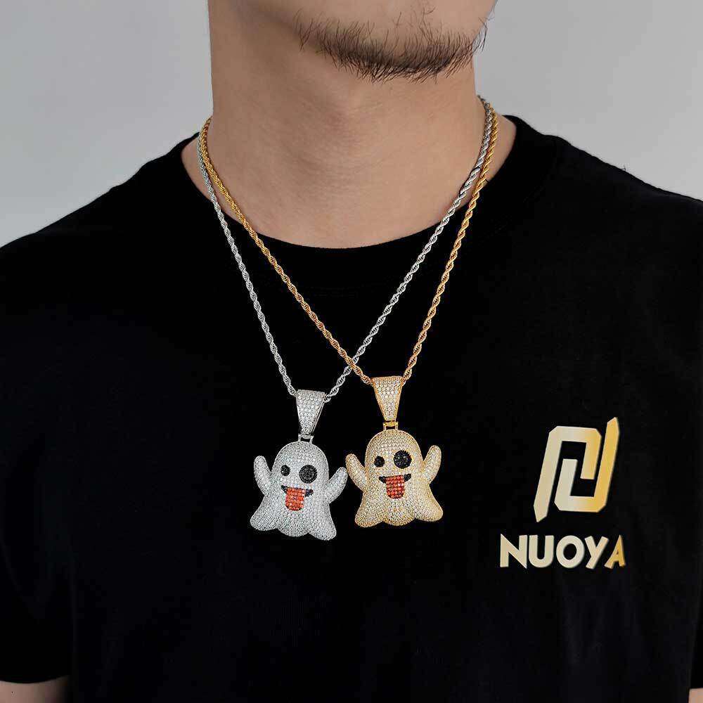 Large Tongue Out Funny Face Ghost Pendant Micro Paved Zircon Trendy Hip Hop Necklace Jewelry 525c