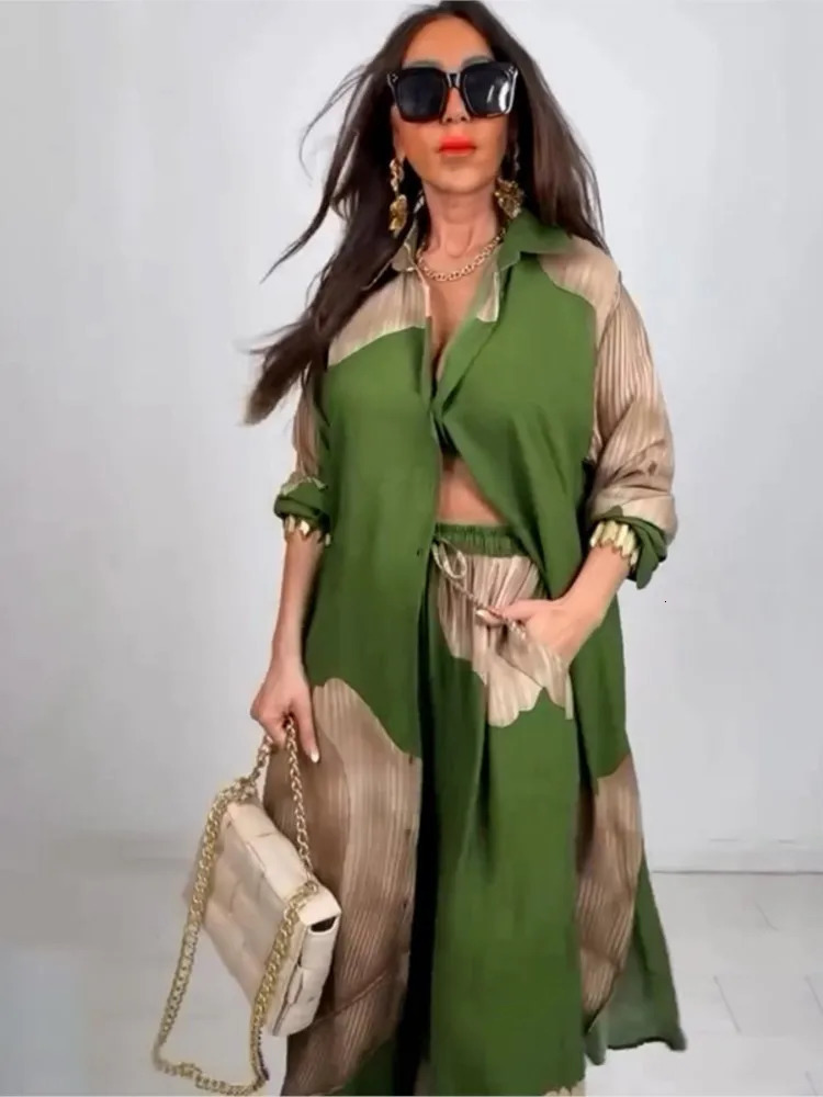 Female Fashion Print Set Casual Long Sleeve Loose Shirt Tops High Waist Wide Pants Sets Two Piece Sets For Women Spring Autumn 250617