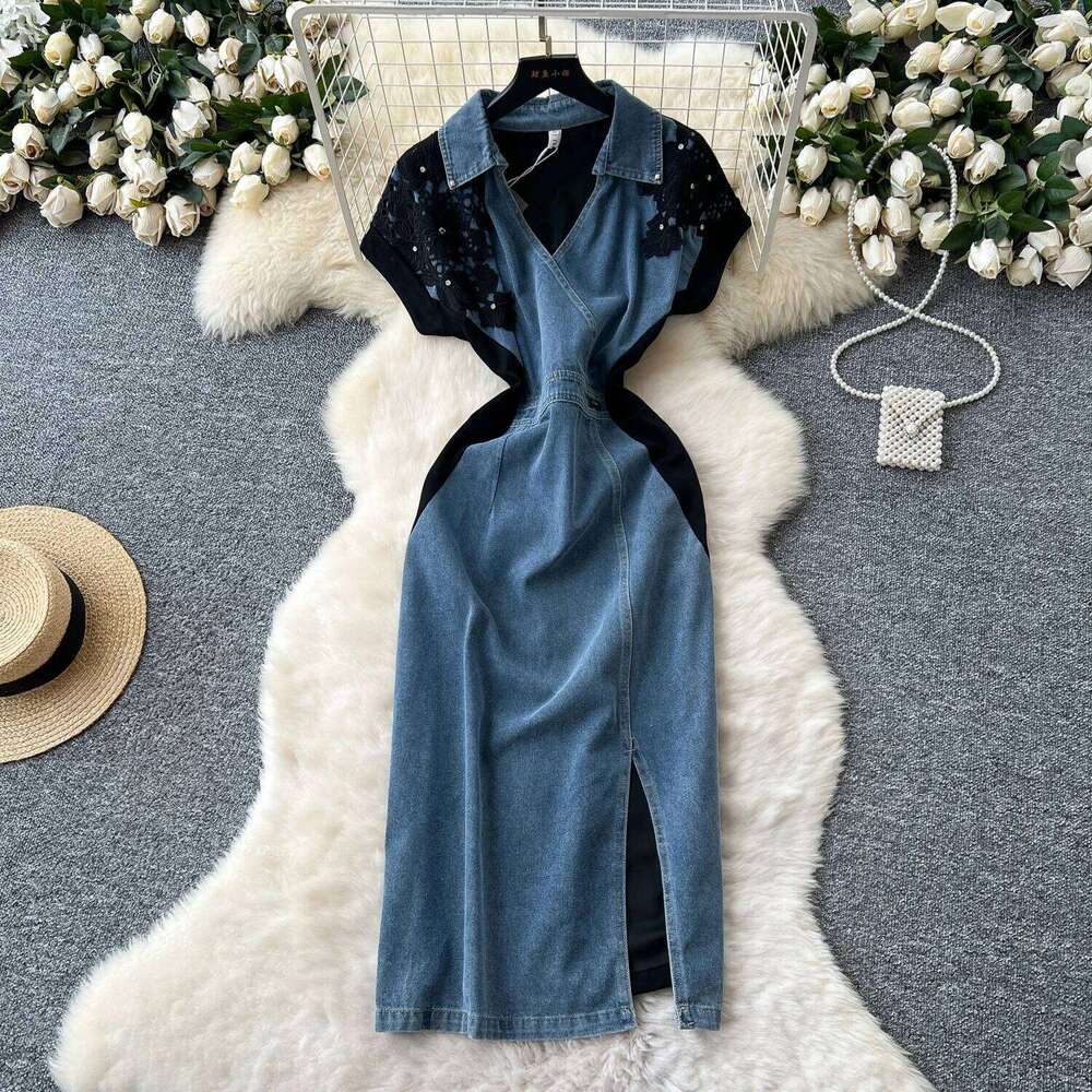 Chic Elegant Polo-Neck Split Korean Fashion Fairy Sexy High Waist Vestidos Summer Vacation Dress