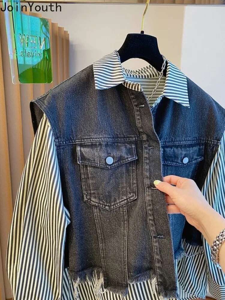 Blouse Womens Clothing Vintage Denim Patchwork Fake Two Shirts 2025 Blusas Mujer De Moda Casual Striped Y2k Oversized Tops