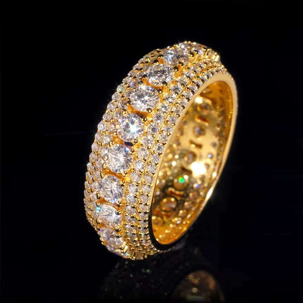 Hip Hop Engagement 925 Silver Gold Plated 5 Rows VVS Moissanite Diamond Eternity Size 8 Wedding Ring