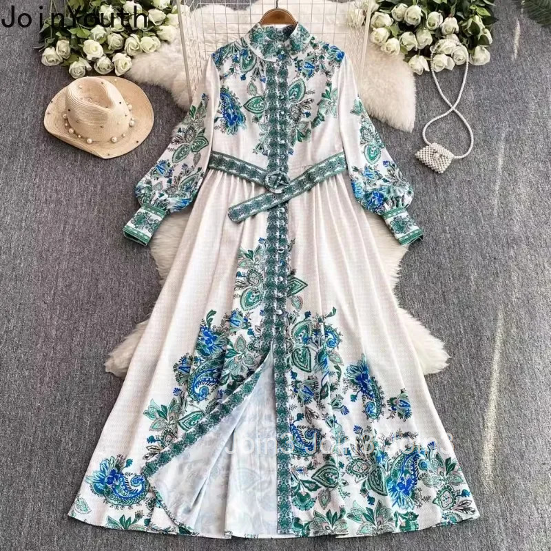 Stand Neck Maxi Dresses for Women Temperament Robe Femme Single Breasted Floral Vintage Slim Waist Dress Korean Vestido Femme
