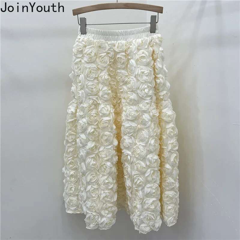 Chic 3D Floral Skirt for Women Temperament Jupe 2025 Faldas Mujer De Moda High Waist Loose Saia A-line Sweet Solid Color Skirts