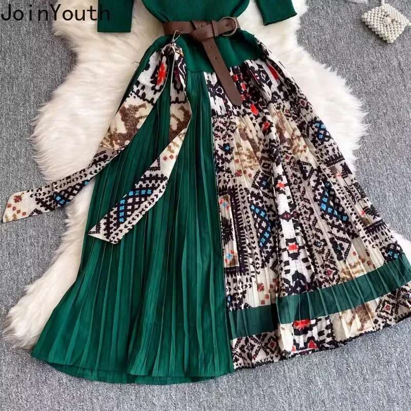 Contrast Color Floral Dresses Women Stand Neck Short Sleeve Temperament Robe Femme 2025 Vestidos De Mujer Knitted Pleated Dress