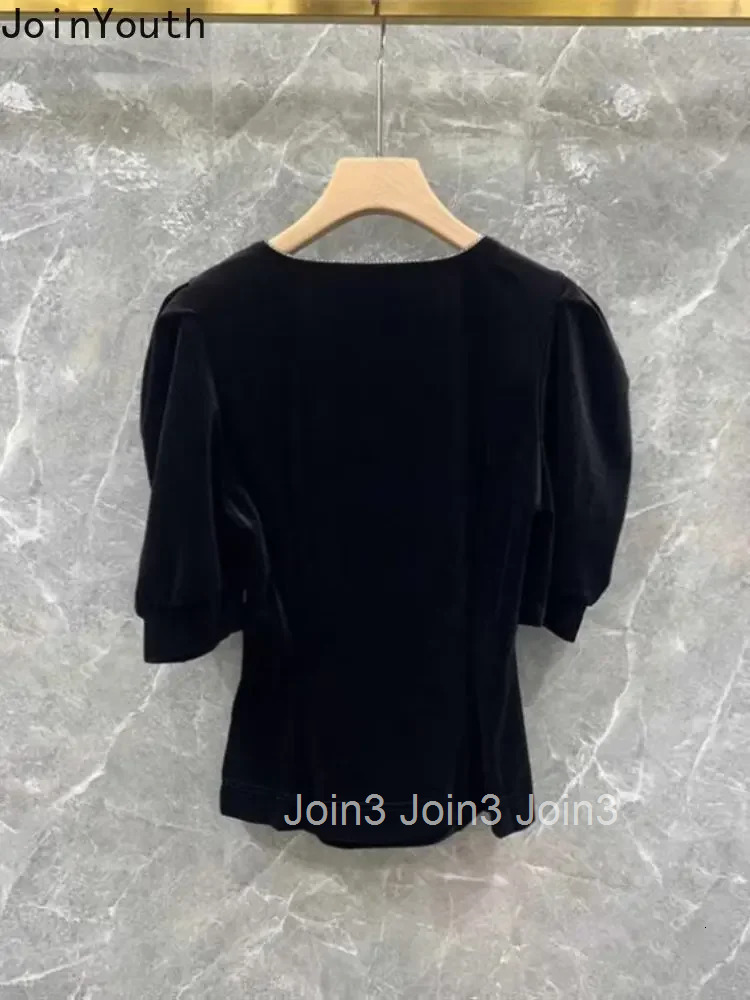 Blusas De Mujer 2025 Temperament Women Crop Tops Square Collar Puff Sleeve Velvet Shirts Diamond Black Tunic Summer Blouses