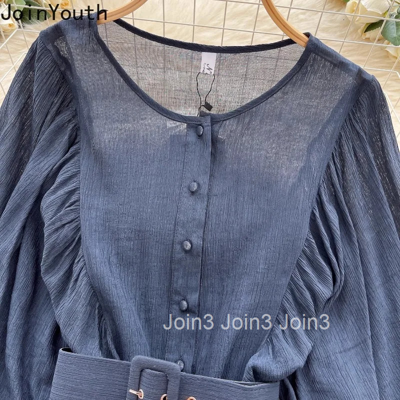 2025 Blusas Mujer De Moda Vintage Women Shirt Folds Slim Waist Blouses Long Sleeve O-neck Temperament Tops Puff Sleeve Chic Tops
