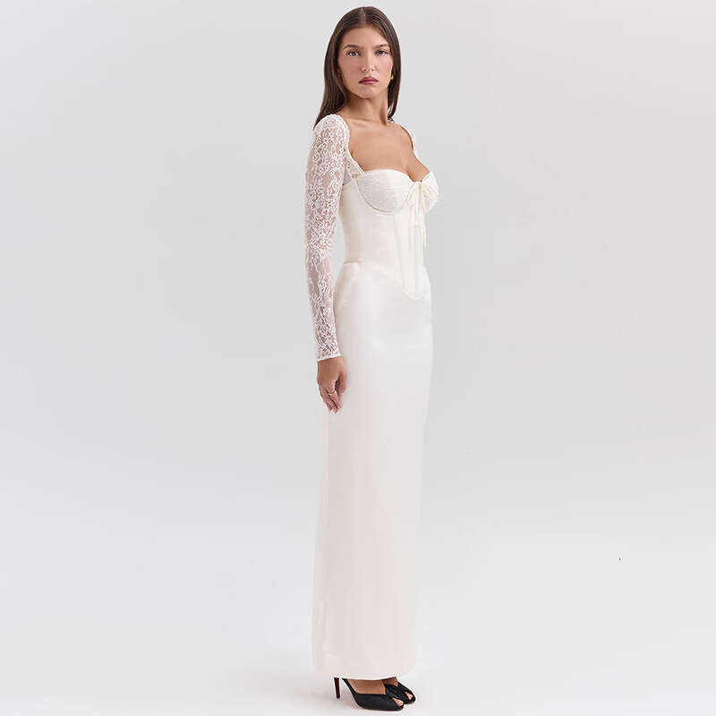 White Skirt Maxi Skirt Fashion Sexy Strapless Lace Long Sleeve Patchwork Waist Cinching Bodycon Dress For Women Long Skirt