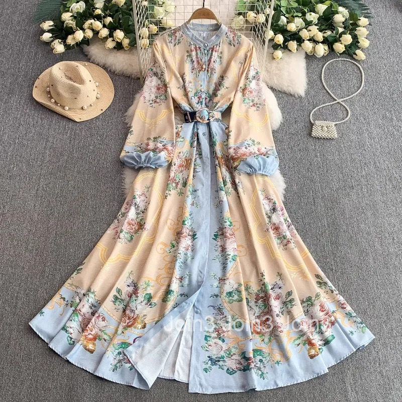 Elegant Dress for Women Stand Neck Lantern Sleeve Print Robe Femme Single Breasted Vintage Maxi Dresses 2025 Vestidos De Mujer
